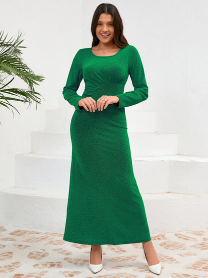 Aura Stylo - Ruched Round Neck Long Sleeve Dress