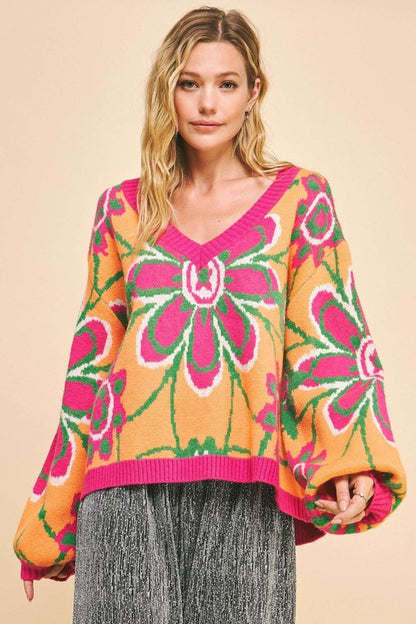 Davi &amp; Dani Floral Contrast V-Neck Dropped Shoulder Sweater