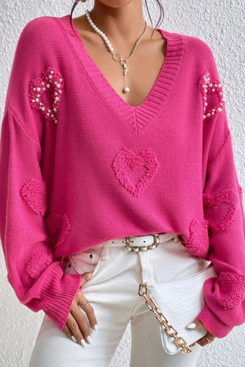 Aura Stylo - Pearl Trim Heart V-Neck Sweater