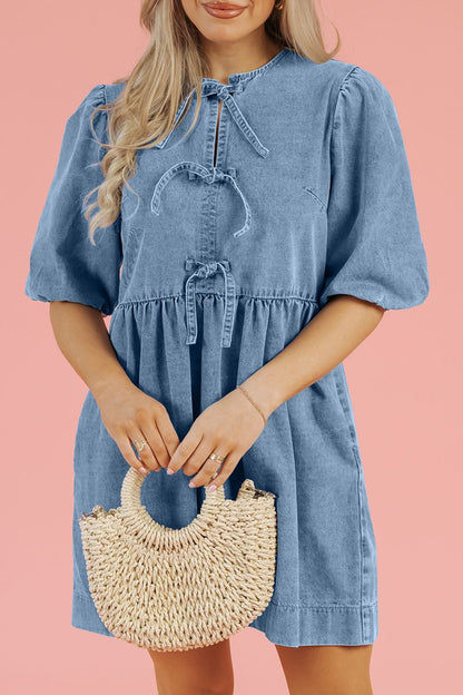 Aura Stylo - Bowknot Round Neck Half Sleeve Denim Dress