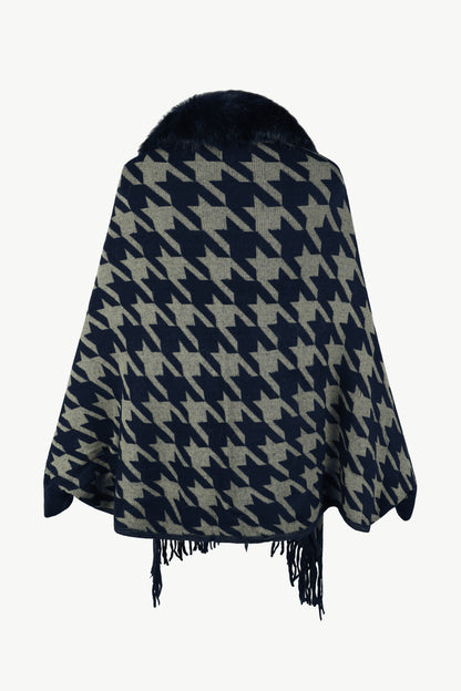 Chic Houndstooth Fringe Hem Poncho