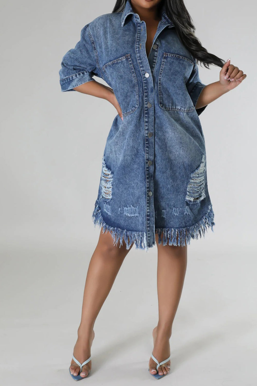 Aura Stylo - Distressed Raw Hem Button Up Denim Dress