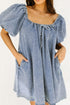 Aura Stylo - Bubble Sleeve Square Neck Denim Babydoll Dress