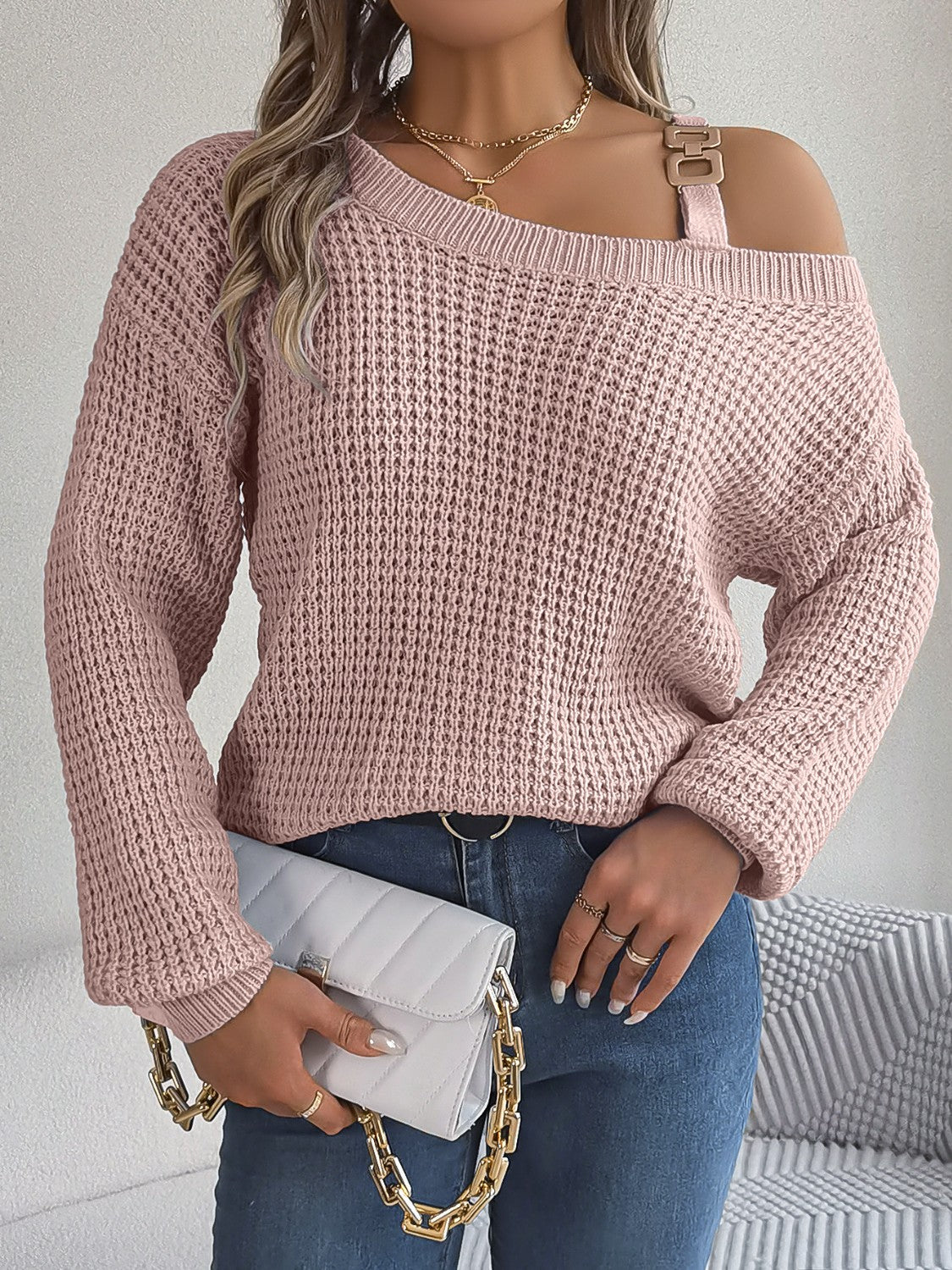 Aura Stylo - Asymmetrical Neck Long Sleeve Sweater