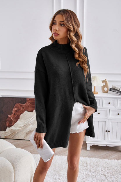 Aura Stylo - Exposed Seam Mock Neck Slit Sweater