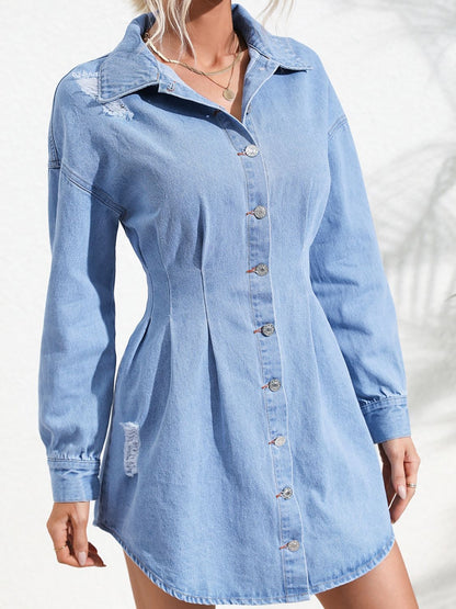 Aura Stylo - Distressed Button Up Long Sleeve Denim Dress