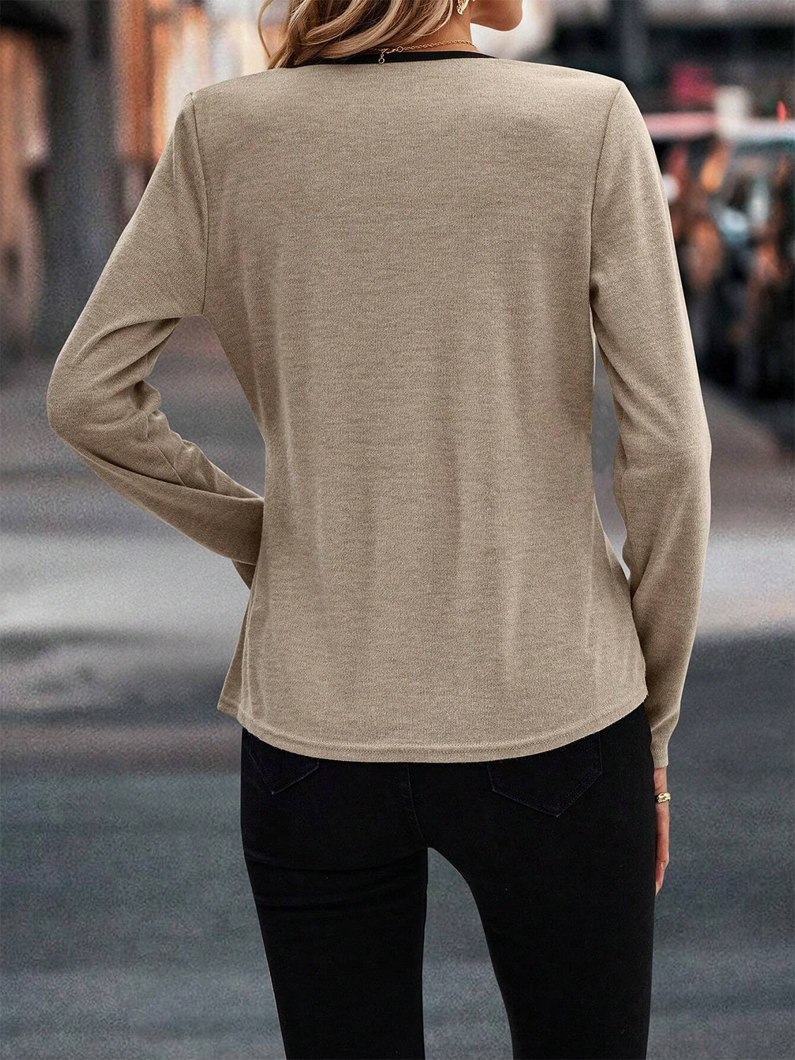 Full Size Crisscross Contrast Trim Long Sleeve T-Shirt