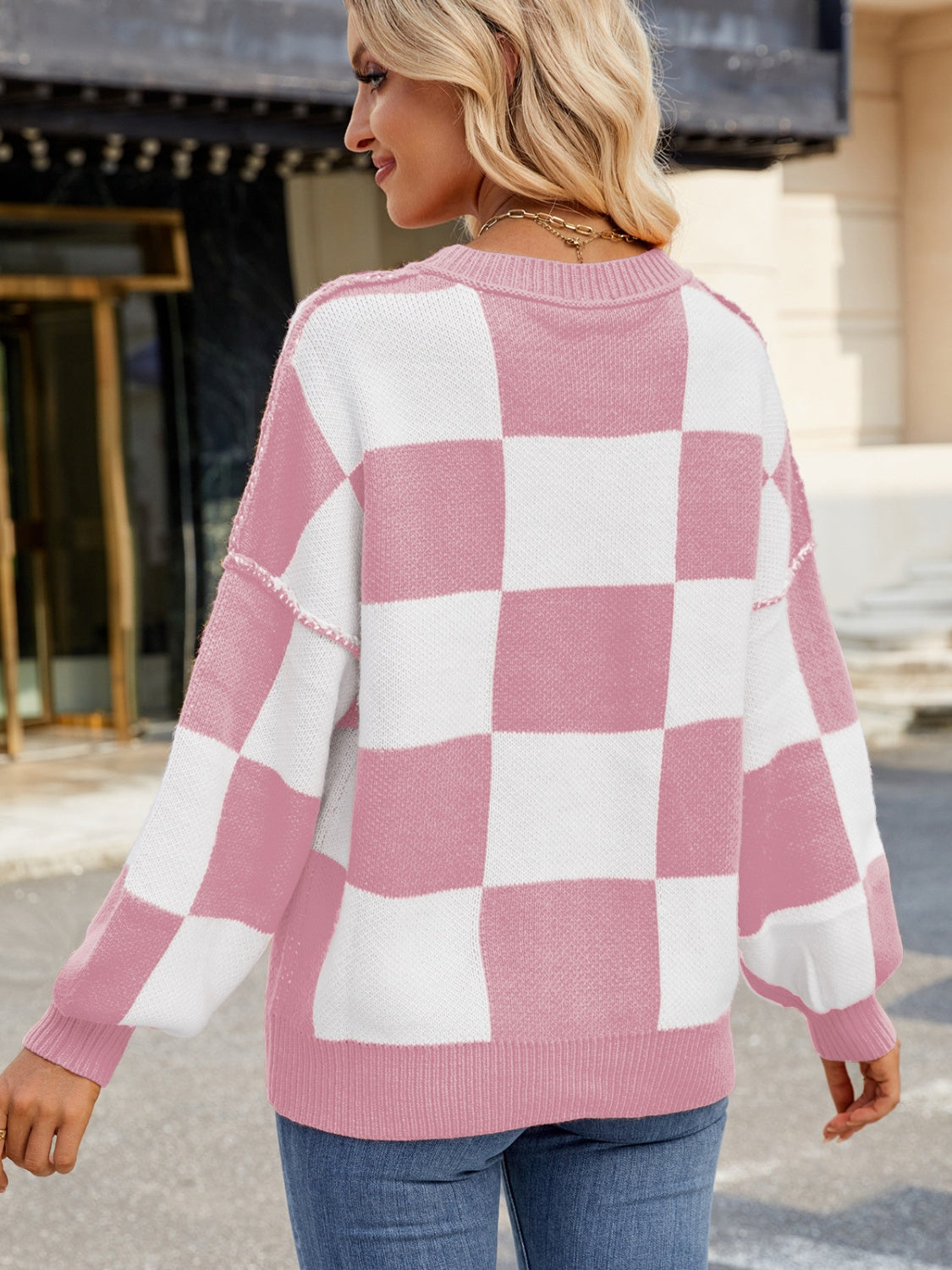  Checkered Round Neck Long Sleeve Sweater