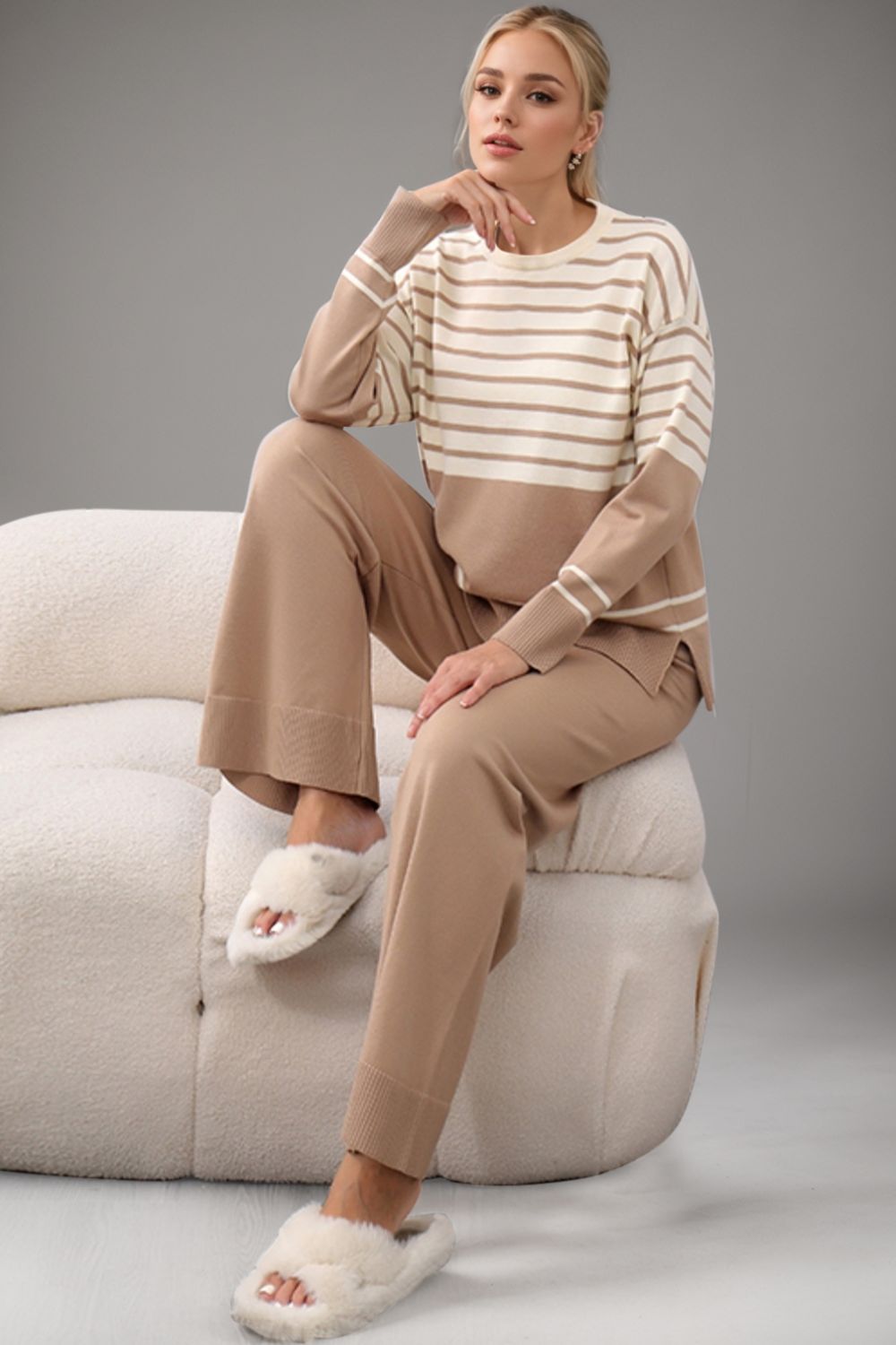 Bae Striped Round Neck Long Sleeve Top and Pants Sweater Set