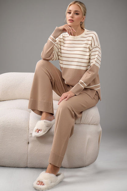 Bae Striped Round Neck Long Sleeve Top and Pants Sweater Set