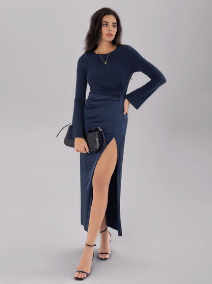 Aura Stylo - Split Round Neck Long Sleeve Midi Dress