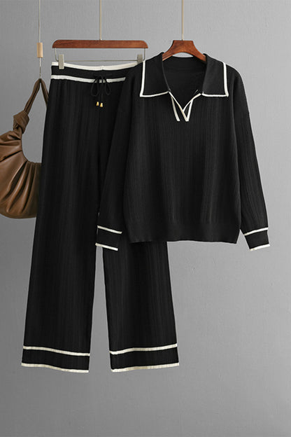 Contrast Trim Johnny Collar Top and Drawstring Pants Sweater