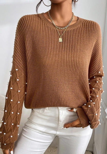  Pearl Detail Round Neck Long Sleeve Sweater