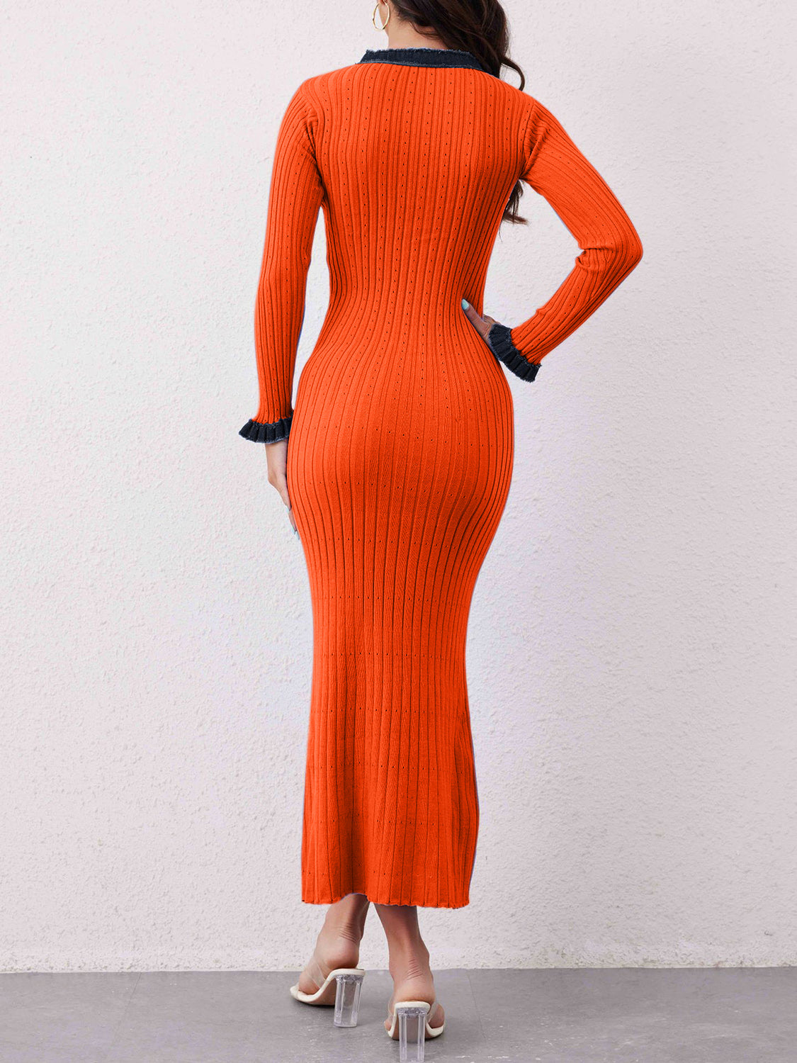 Aura Stylo - Contrast Trim Round Neck Long Sleeve Sweater Dress