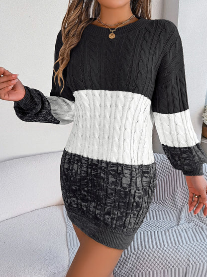 Aura Stylo - Cable-Knit Round Neck Color Block Sweater Dress