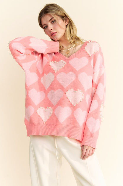 Davi &amp; Dani Heart Pearl Side Slit V Neck Sweater