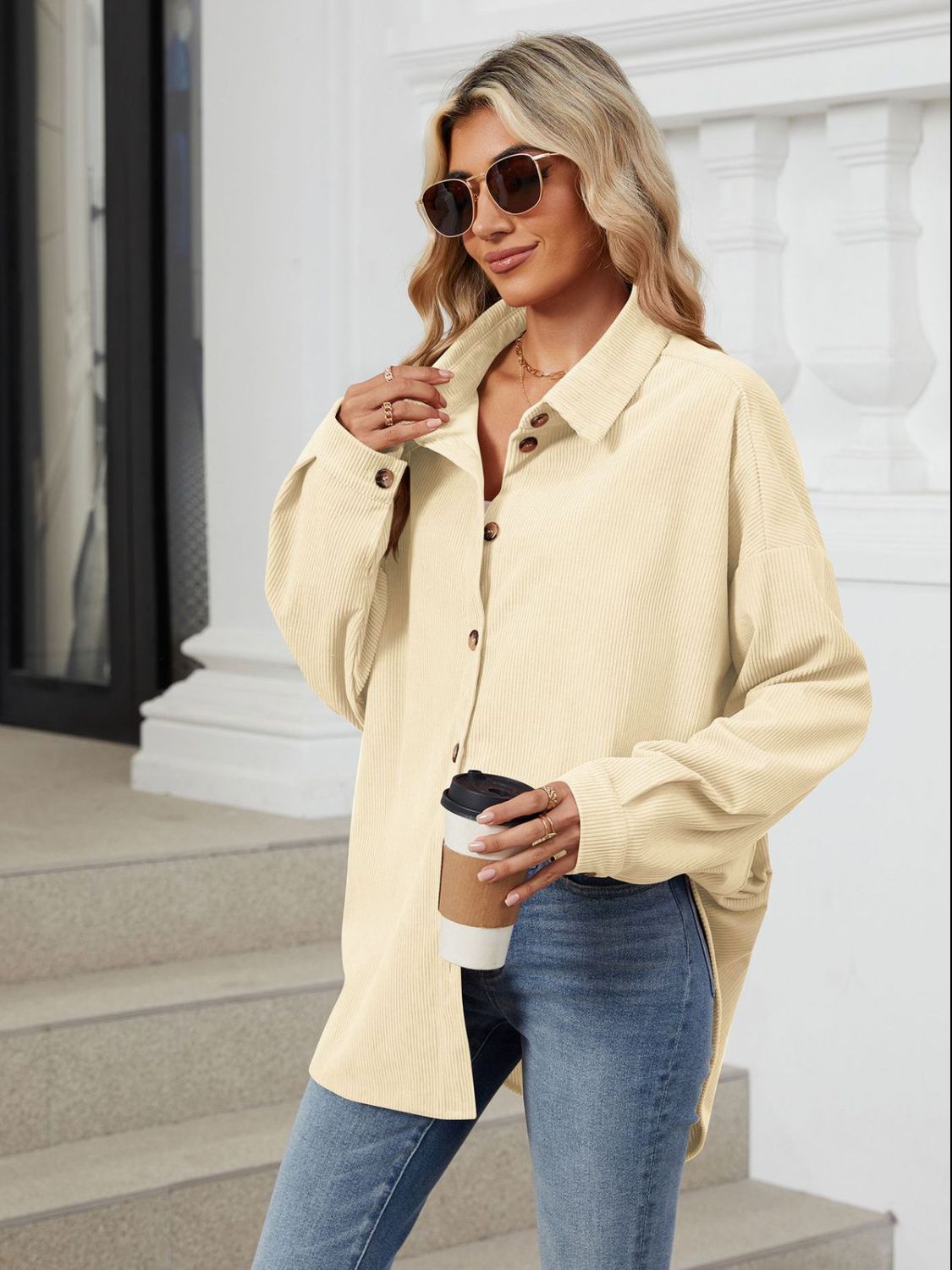 Aura Stylo - Collared Neck Long Sleeve Dropped Shoulder Shirt