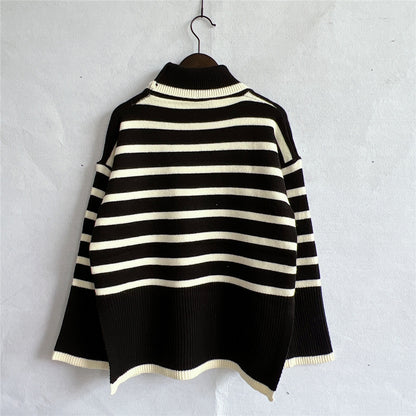 Aura Stylo - Striped Turtleneck Flare Sleeve Sweater