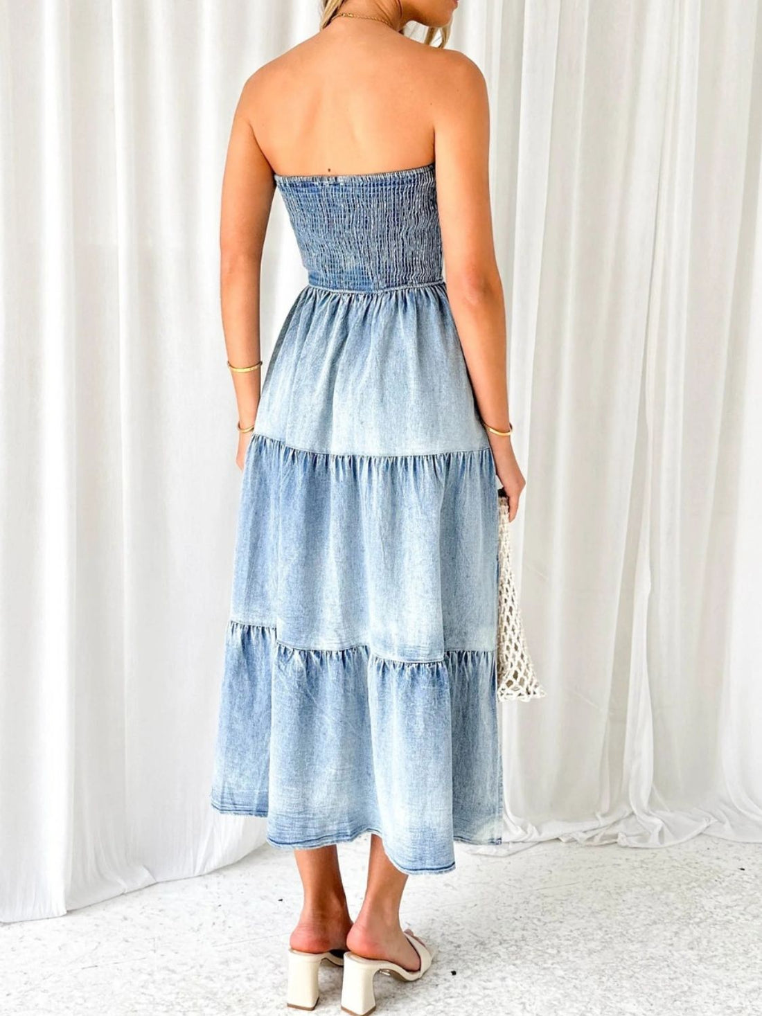 Aura Stylo - Slit Smocked Tube Tiered Denim Dress