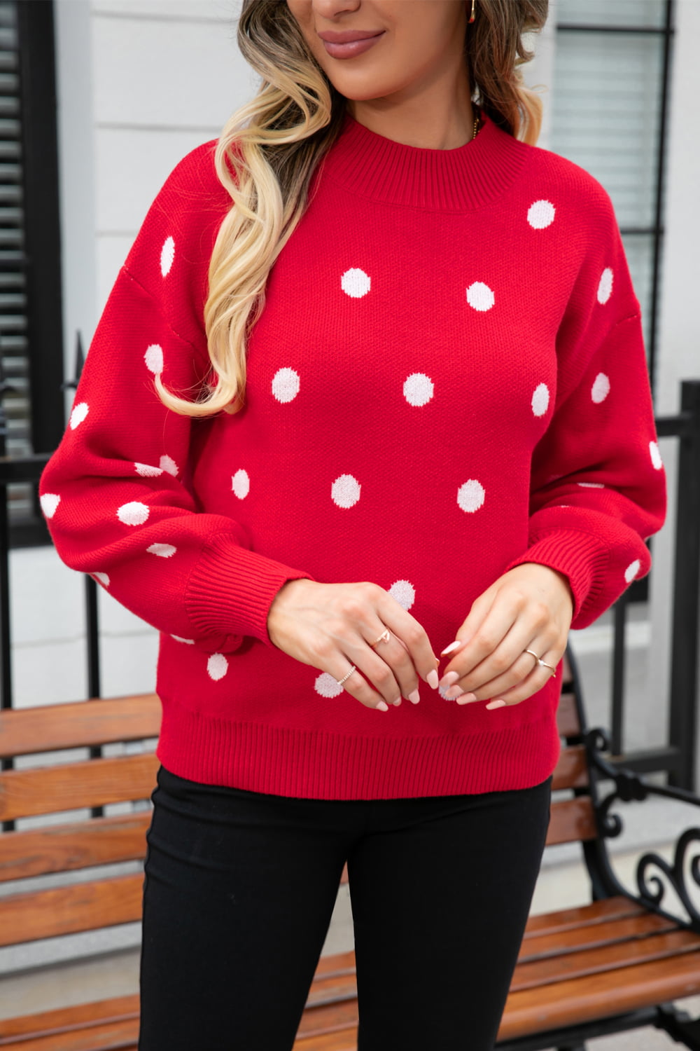 Aura Stylo - Angel Wings Woven Right Polka Dot Round Neck Dropped Shoulder Sweater