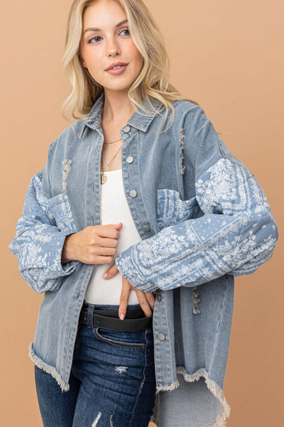 Full Size Paisley Print Quilted Sleeves Denim Jacket