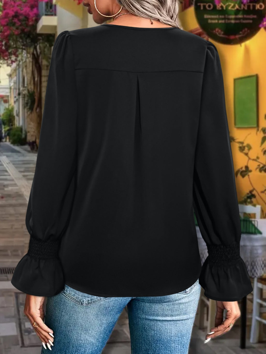 Aura Stylo - Trendy V-Neck Flounce Sleeve Blouse