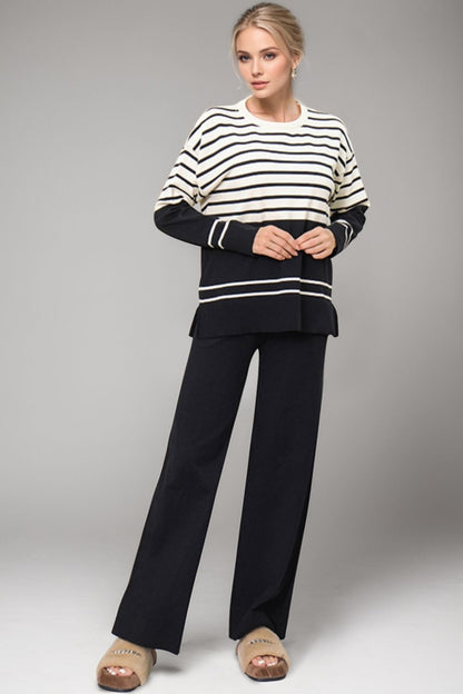 Bae Striped Round Neck Long Sleeve Top and Pants Sweater Set