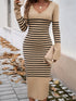 Aura Stylo - Devine Striped V-Neck Long Sleeve Sweater Dress