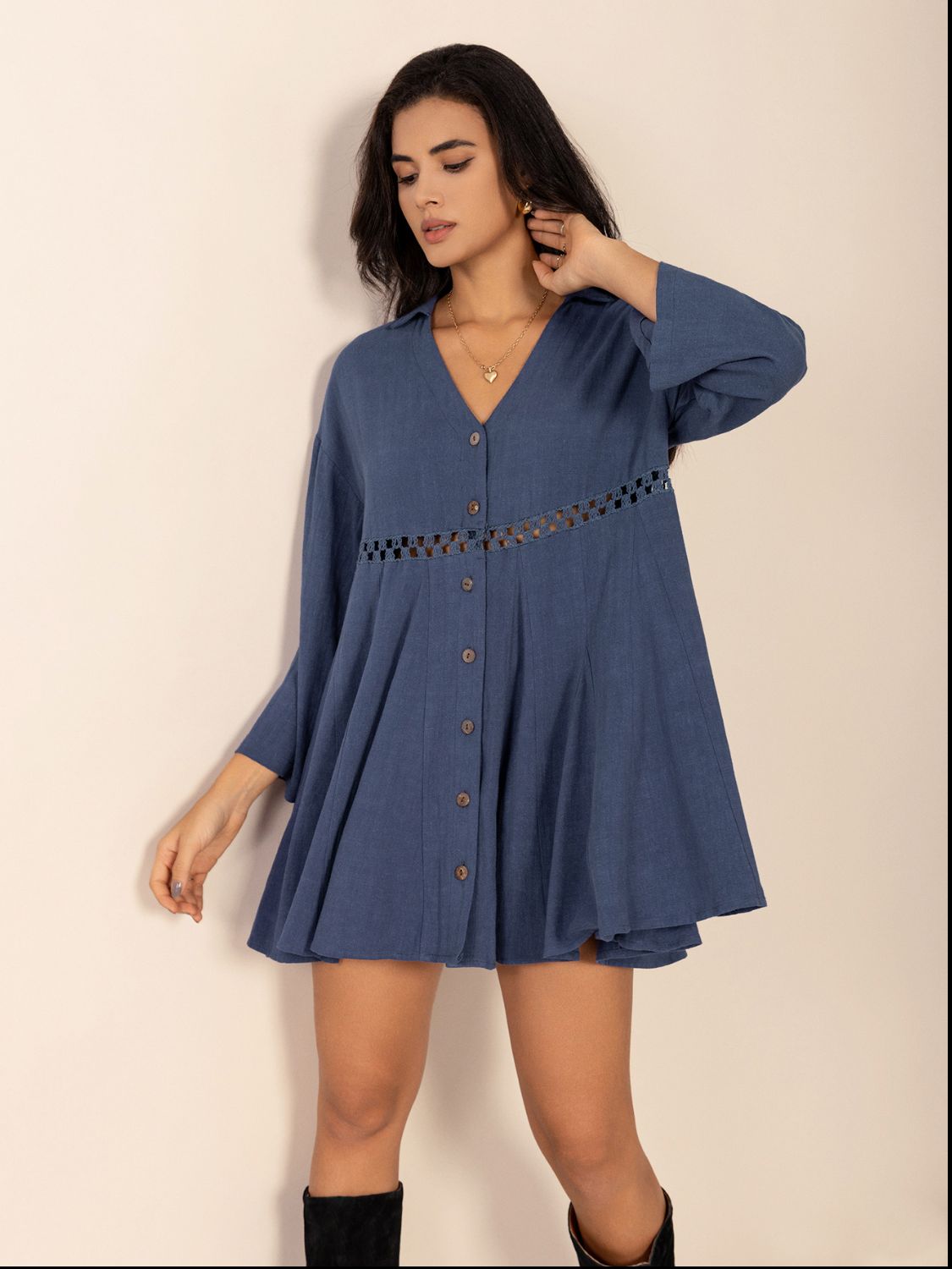 Aura Stylo - Cutout Johnny Collar Long Sleeve Mini Dress