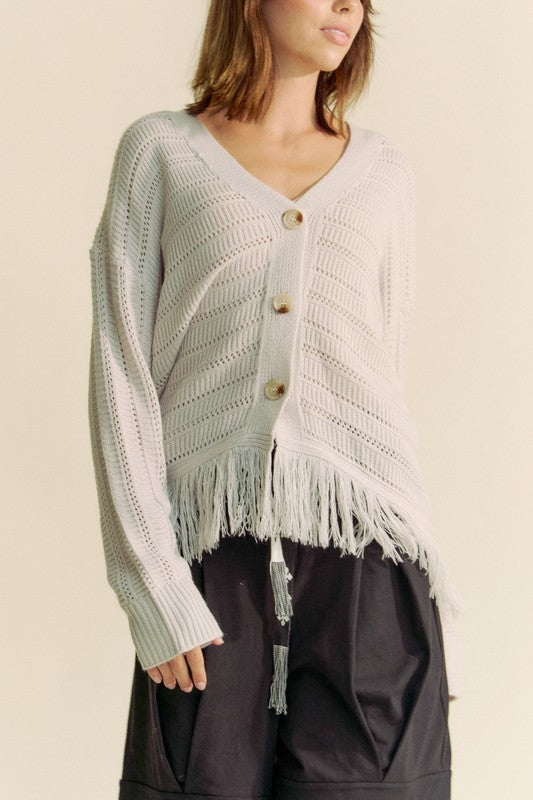 Davi &amp; Dani Fringe V-Neck Button Up Long Sleeve Cardigan