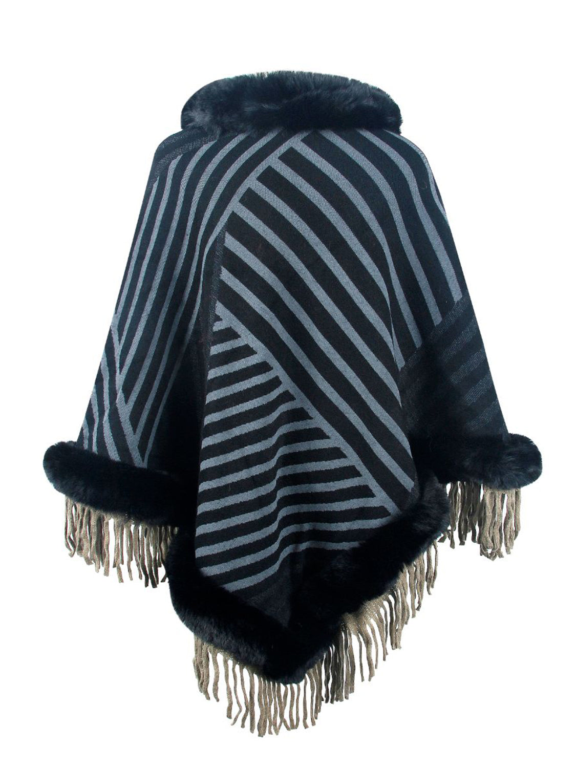 Striped Fringe Hem Poncho Outerwear