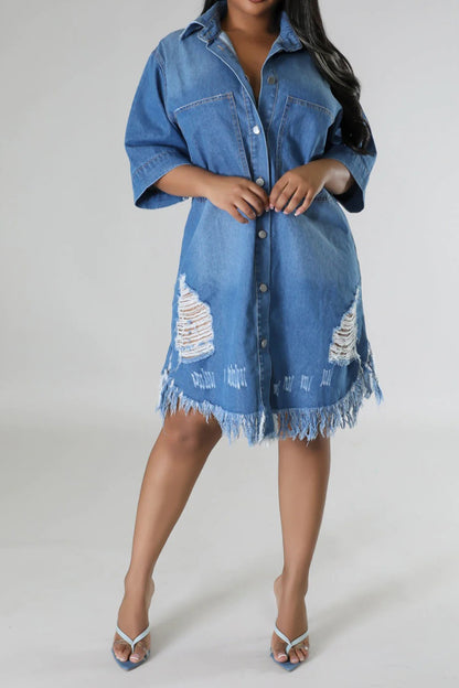 Aura Stylo - Distressed Raw Hem Button Up Denim Dress