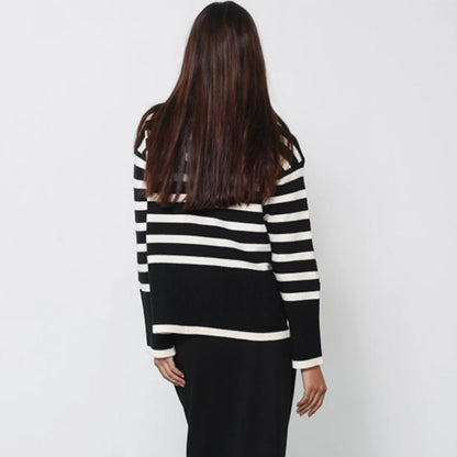 Aura Stylo - Striped Turtleneck Flare Sleeve Sweater