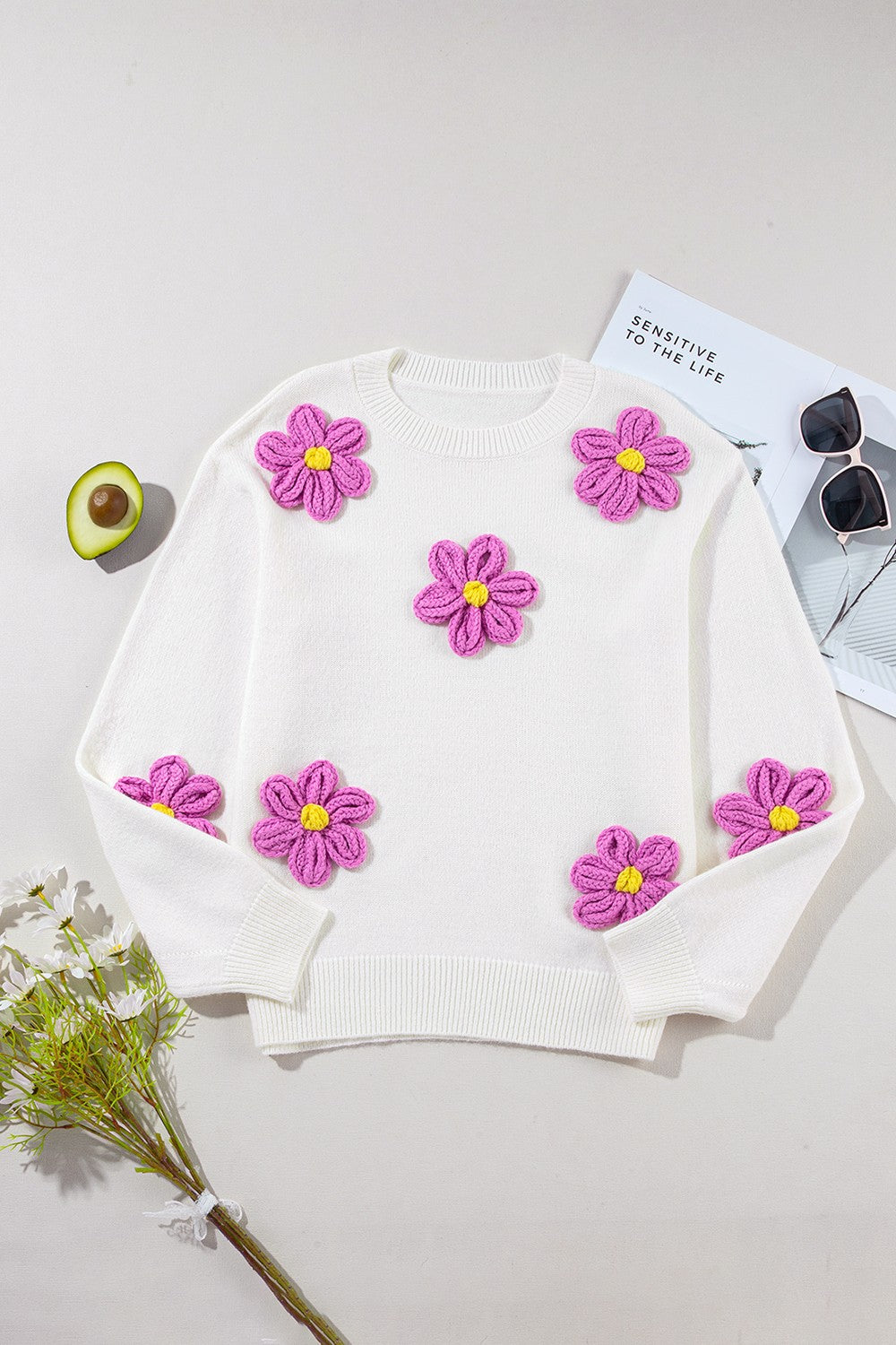  Crochet Flower Round Neck Long Sleeve Sweater