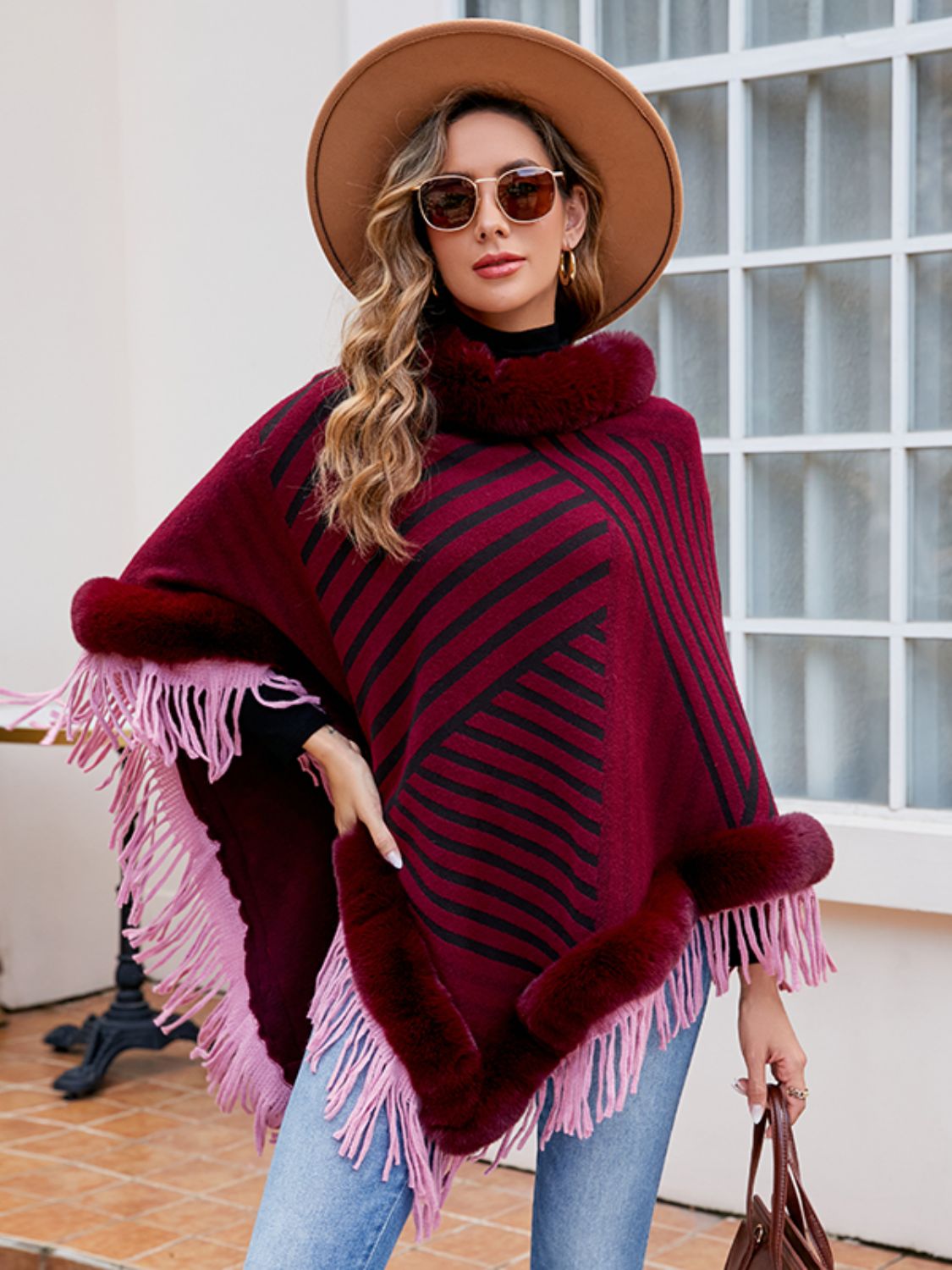 Striped Fringe Hem Poncho Outerwear