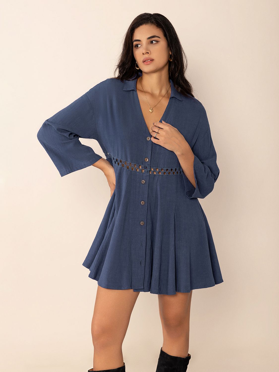 Aura Stylo - Cutout Johnny Collar Long Sleeve Mini Dress