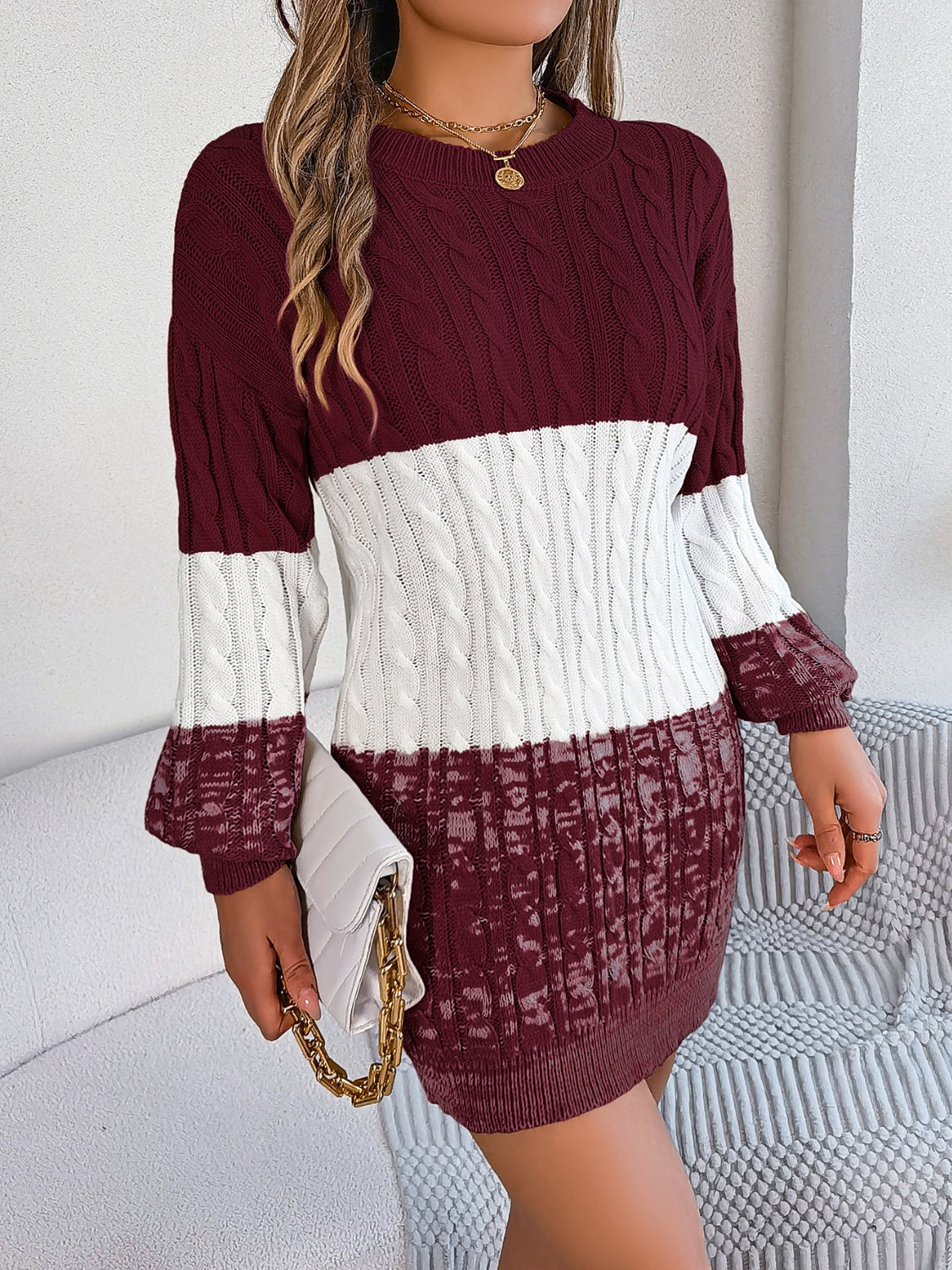 Aura Stylo - Cable-Knit Round Neck Color Block Sweater Dress