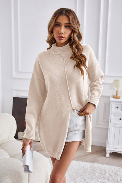 Aura Stylo - Exposed Seam Mock Neck Slit Sweater