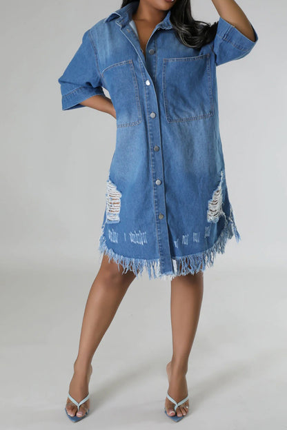 Aura Stylo - Distressed Raw Hem Button Up Denim Dress