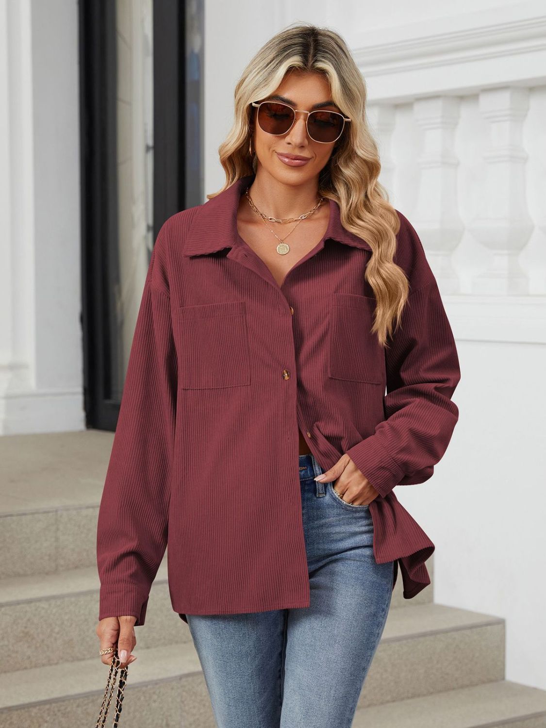 Aura Stylo - Button Up Long Sleeve Shirt with Breast Pockets