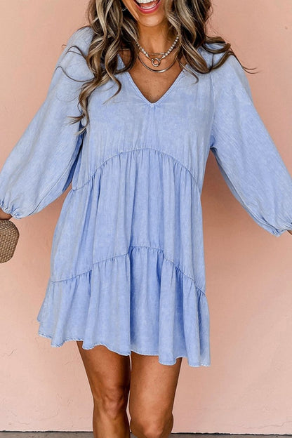 Aura Stylo - V-Neck Tiered Ruffled Hem Mini Dress