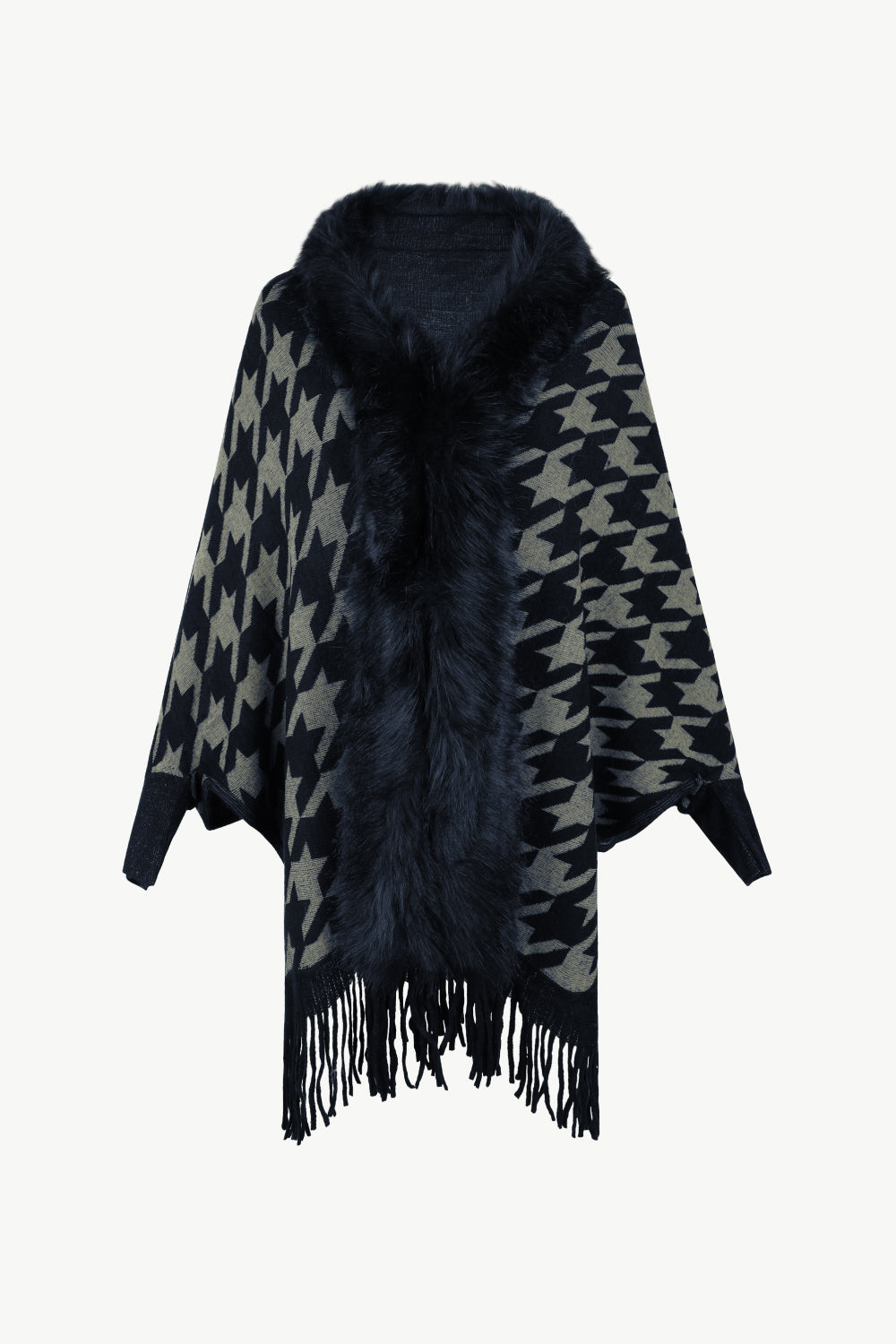 Chic Houndstooth Fringe Hem Poncho