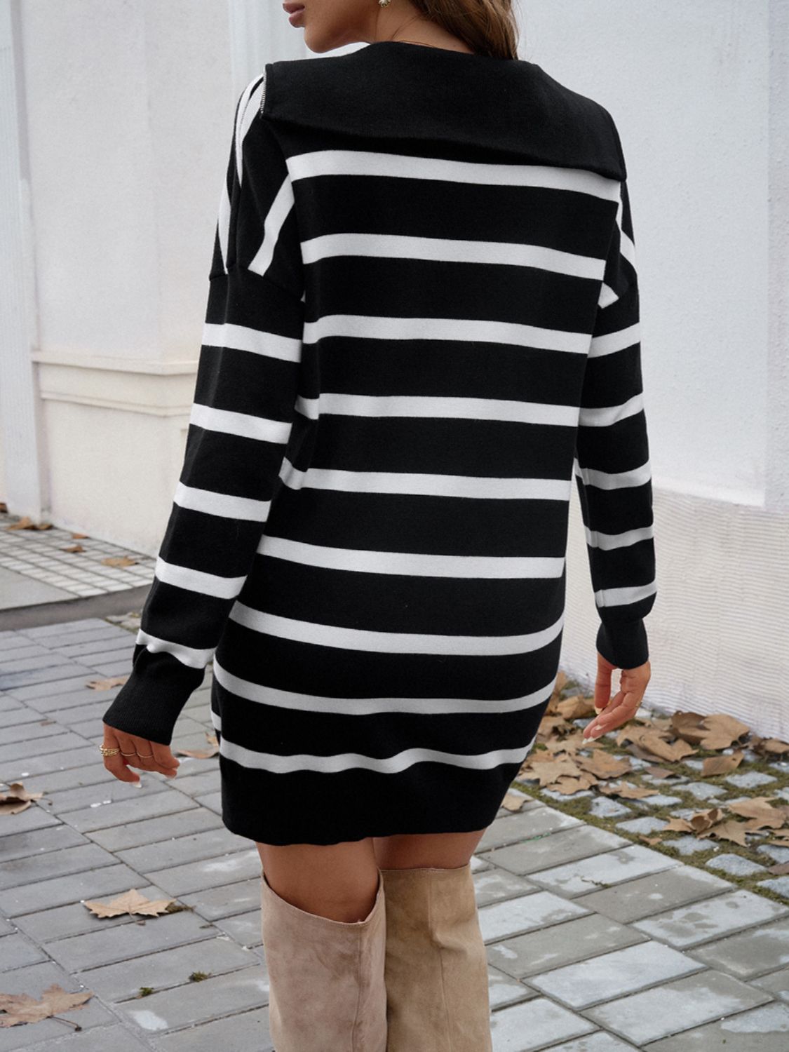 Aura Stylo - Devine Quarter Zip Striped Long Sleeve Sweater Dress