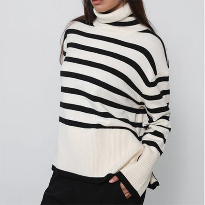 Aura Stylo - Striped Turtleneck Flare Sleeve Sweater