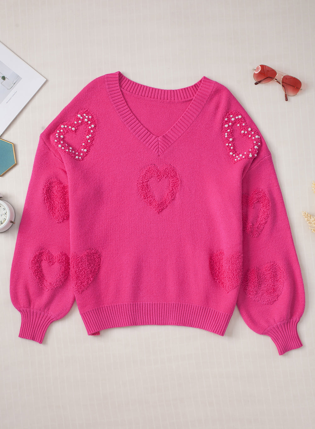 Aura Stylo - Pearl Trim Heart V-Neck Sweater