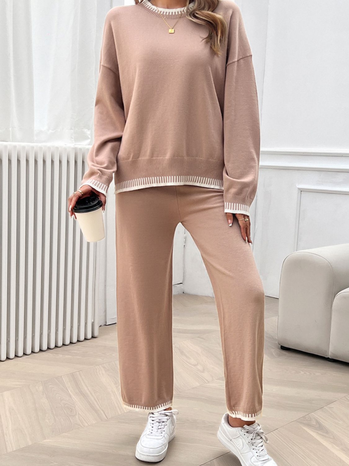 Devine Round Neck Dropped Shoulder Top and Pants Sweater Set