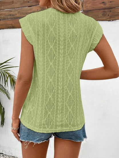 Openwork Round Neck Cap Sleeve Top