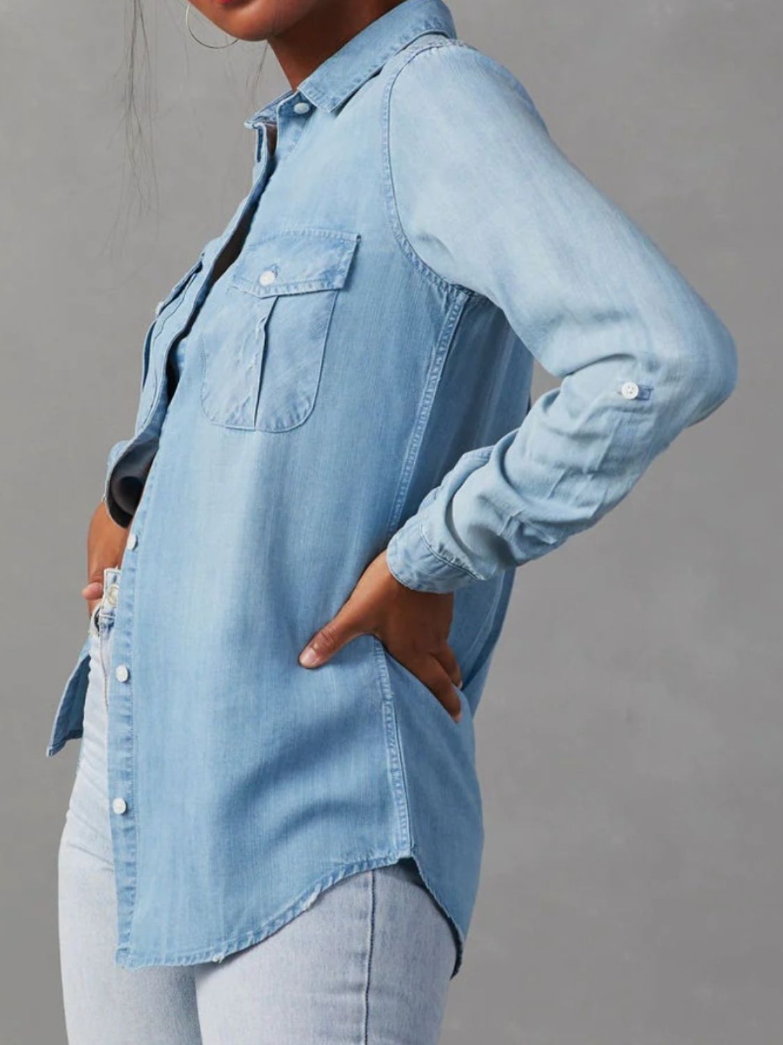 Collared Neck Roll Tab Sleeve Denim Top