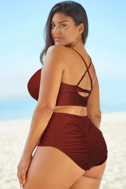 Aura Stylo - Full Size Halter Neck Crisscross Ruched Two-Piece Swimsuit