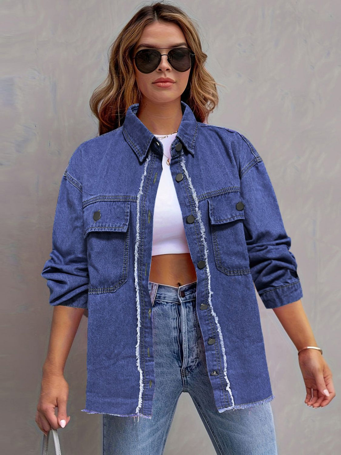 Pocketed Collared Neck Long Sleeve Denim Shirt